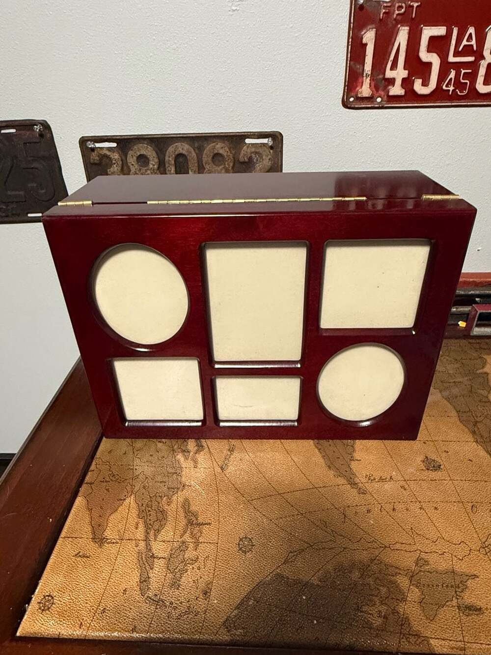 Mahogany Wood Jewelry Box with Photo Frame Lid Collage Storage